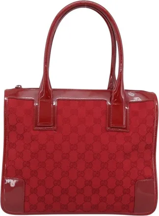 Gucci Structured Top Handle Open Tote Gg Canvas And Leather Red Canvas Handbag (Pre-Owned)