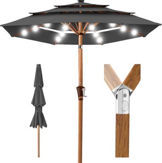Best Choice Products Woodgrain Pattern 10ft 3-Tier Solar Patio Umbrella w/ 24 LED Lights, Tilt
