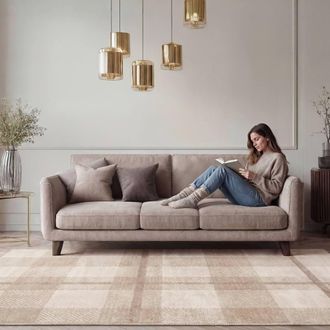 Kukoon Cream Beige Neutral Tartan Living Room Area Rug Long Hallway Runner | Size: 240 cm x 330 cm