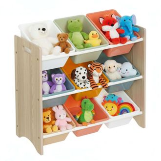 Atmosphera Estanter&iacute;a Infantil Play Con 9 Bandejas Mueble Infantil Para Dormitorio Cuarto De Juego Color Blanco Y Roble 60x66x30 Cm