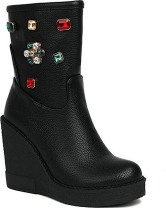 Generic Womens Platform Round Toe Wedge Heel Ankle Boots with Rhinestones Decor Comfort Slip On Winter Shoes (5.5,Black)