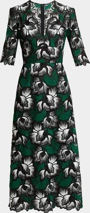 Elie Saab Floral Macrame Short-Sleeve Midi Dress