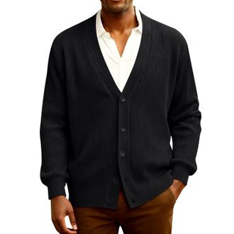 Generic 5-Button Knit Cardigan for Men Long Sleeve Sweater Casual Winter Cozy Knitted Loose Fi Deep Neck Button-Down Solid Cardigan Black 3XL