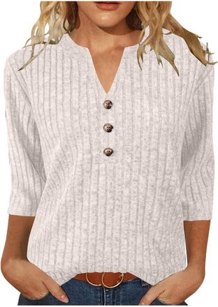 Generic Womens Sweaters 3/4 Length Sleeve Tops V Neck Button Jumpers Womens Top Knit Stripe Fall Ladies Sweatshirts Jumpers Solid Color Workout Plus Size Acti