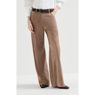 Brunello Cucinelli Suede baggy trousers with monili in Light Brown at Nordstrom, Size 42 It