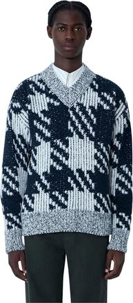 Dries Van Noten Geruite wolmix trui - Heren - V-hals truien - Wit - XL - Wol - Truien & Vesten