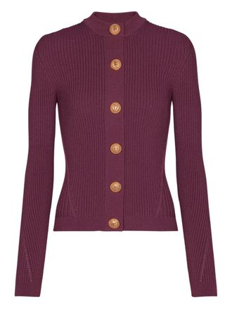 Balmain ribbed buttoned cardigan - women - Polyester/FSC Viscose - 42 - Purple