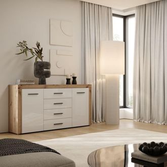 Dmora Credenza Lemaseti, Aparador 4 Cajones, 4 Estantes, Puerta Abatible Y Corredera, 155x42x88h Cm Marr&oacute;n Roble