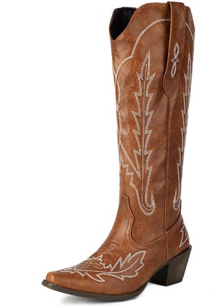 Generic Womens Pointed Toe Western Cowboy Boot Block Heel Knee High Boots PU Leather Long Boots with Embroidery Stitched,Brown,8.5 UK