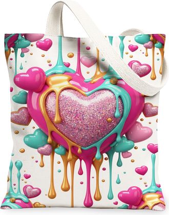 Generic Colorful Heart Canvas Tote Bags, Vibrant Love Design Reusable Grocery Bags, Lightweight Washable Shoulder Strap Canvas for, Multicolor, 13x15 Inch