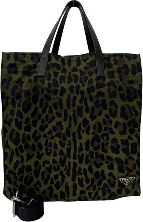 Prada Black Green Nylon Leather Shoulder Bag Tote Bag (Pre-Owned)