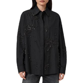 AllSaints Gemi Bead Detail Cotton Button-Up Shirt in Black at Nordstrom Rack, Size 6 Us / 10 Uk
