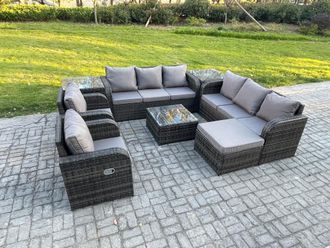 Fimous High Back Rattan Garden Furniture Set with Square Coffee Table 2 Side Tables Big Footstool Indoor Outdoor Patio Lounge Sofa Set in Dark Grey
