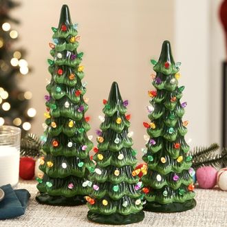 Best Choice Products Set of 3 XL Pre-Lit Hand-Painted Ceramic Tabletop Christmas Trees w/Multi Lights Green