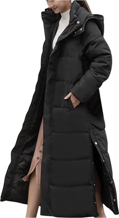 Generic Extra Long Winter Coats for Women UK Hooded Padded Jacket Button Closure at the Bottom Chic Outercoat with Pockets Thick Warm Windbreaker Parka with Z