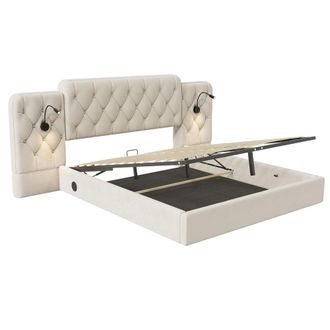 Urban Meuble Cama con almacenamiento terciopelo beige cabecero alto USB l&aacute;mparas