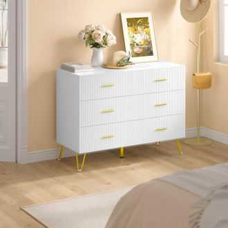 Woltu Woltu C&oacute;moda Blanca De 6 Cajones, C&oacute;moda Compacta Para Dormitorio Y Sala De Estar, Color Blanco Y Dorado