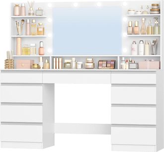 OEM 150cm Toeletta Trucco Con 10 Luce Led, Bianco-argento, Postazione Trucco Con Grande Specchio Hd, 3 Colori, Luminosit&agrave; Regolabile, 9 Cassettiere, 9 Van