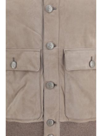 Brunello Cucinelli Mens Suede Jacket Marble-Hazelnut Calf Leather Marble/hazelnut