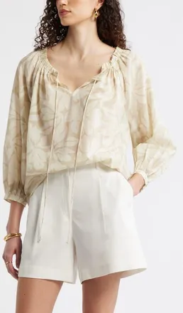 Nordstrom Ruffle Neck Tie Front Top in Ivory- Beige Fira Bloom at Nordstrom, Size Xx-Small/x-Small