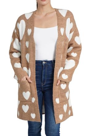 Love Token Hearts Long Sleeve Cardigan In Beige