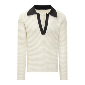 Jil Sander V-neck Knitwear, male, White, Size: M Polo Longsleeve Knit