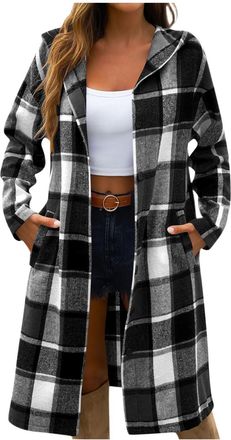 Generic Womens Long Wool Coats Ladies Longline Fleece Jacket with Hood Button Down Elegant Checked Shacket Autumn Winter Outdoor Casual Overcoat Coatigans wit
