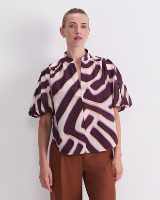 Sportscraft Penny Short Sleeve Cotton Silk Blouse in Ivory/burgundy at Nordstrom, Size 12