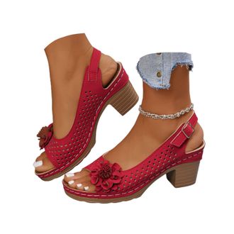 Generic Block Heel Sandals for Women Open Toe Ankle Strap Chunky High Heels Foral Sandals Casual Hollow Out Summer Dressy Sandal Slingback Chunky Block Heel D