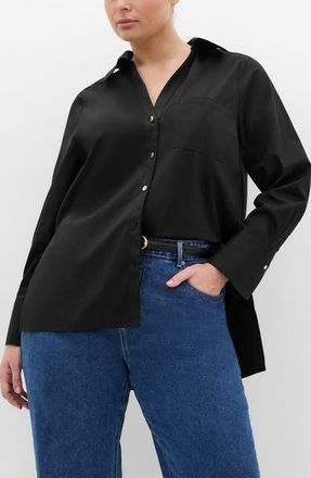 City Chic Elevated Stretch Woven Button-Up Shirt in Black at Nordstrom, Size Xxl