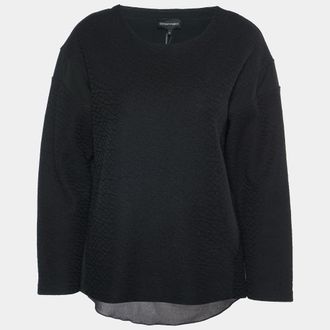 Emporio Armani Black Textured Cotton Blend Split Back Detail Top