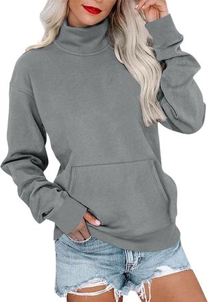 Generic Ladies Sweatshirts Without Hood WomenS Long Sleeve Tops Turtle Neck Pullover With Kangaroo Pockets Autumn Winter Windproof Warm Solid Color Soft Comfy