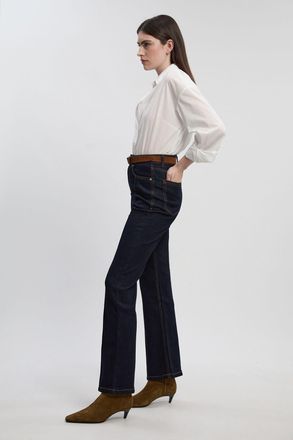 Karen Millen Womens Stretch Denim Pintuck Flare Jean - Indigo Blue Cotton - Size 14 UK