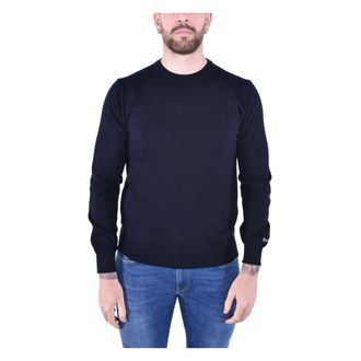 Woolrich Round-neck Knitwear, male, Blue, Size: M Cotton Crewneck Jersey Logo Sweater