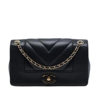 Chanel Pre-owned Chevron Sheepskin Crossbody Bag - Dames - Pre-owned - Zwart - Maat: ONE Size Leer