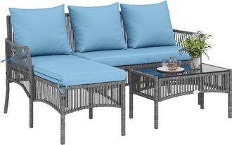 OEM Conjunto De Jard&iacute;n Exterior De Rat&aacute;n Con 1 Sof&aacute; De 2 Plazas 1 Sof&aacute; Esquinera Y 1 Mesa De Centro Tablero De Vidrio Azul