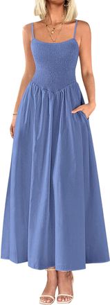 Generic Maxi Sun Dress Womens 2025 Summer Beach Sundress Spaghetti Strap Smocked Swing A Line Casual Long Flowy Dress Blue
