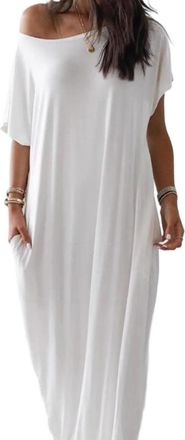 Generic Off-Shoulder Batwing Sleeve Maxi Lounge Dress, Womens Solid Color Batwing Sleeve Lounge Dress, Casual Comfy (White,XXL)