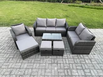 Fimous Outdoor Garden Furniture Sets 7 Pieces Wicker Rattan Furniture Sofa Sets with Rectangular Coffee Table Loveseat Sofa 3 Footstools in Dark Grey