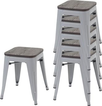 Hhg Set 6x Sgabelli Poggiapiedi Bistrot Design Industriale Hhg-771 Legno Metallo Verniciato Grigio