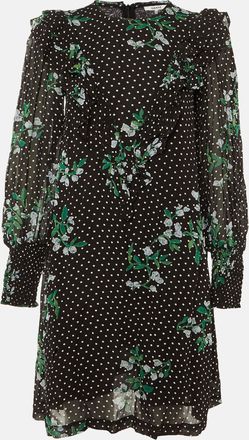 Ganni Black Polka Dot Floral Printed Chiffon Mini Dress