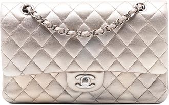 Chanel Pre-owned Womens Medium Classic Metallic Lambskin Double Flap - Light Grey Leather - One Size