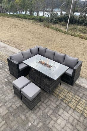 Fimous 8 Seater PE Rattan Corner Sofa Set Gas Fire Pit Dining Table Heater 2 Small Stools in Dark Grey