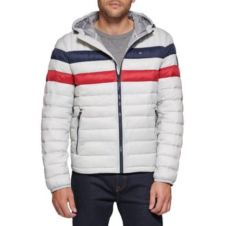 Tommy Hilfiger Mens Water Resistant Ultra Loft Filled Hooded Puffer Jacket Down Alternative Coat, Ice Combo, XL