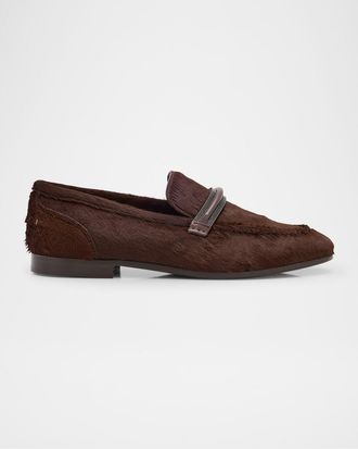 Brunello Cucinelli Calf Hair Loafers with Monili Bar Strap