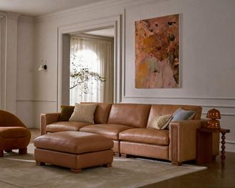 Castlery Tan France Kagan Leather Ottoman, Cocoa, Brown, Castlery