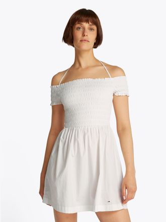 Tommy Jeans Smokkleid TOMMY JEANS TJW RUCHE F&F POPLIN DRESS EXT, Damen, Gr. XXL (44), N-Gr, beige (ecru), Popeline, Obermaterial: 100% Baumwolle, unifarben, ausg