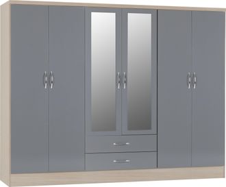 Seconique NEVADA 6 DOOR 2 DRAWER WARDROBE - GREY GLOSS/LIGHT OAK EFFECT VENEER - SECONIQUE | TJ Hughes