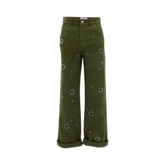 Des_Phemmes DES Phemmes - Wide-Leg broek met kristallen versiering - Dames - Jeans - Groen - Maat: XS Katoen