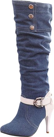 Generic Winter Stylish Denim High Heeled Knee High Boots For Women Fashion Western Ankle Length Footwear With Comfortable Block Heel Design And Durable Materi